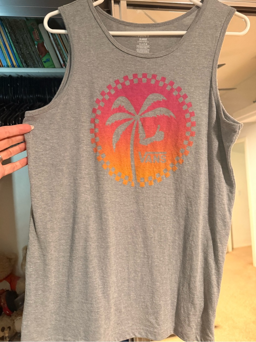 Vans Girls Grey Tank with Pink-Orange Palm Graphic